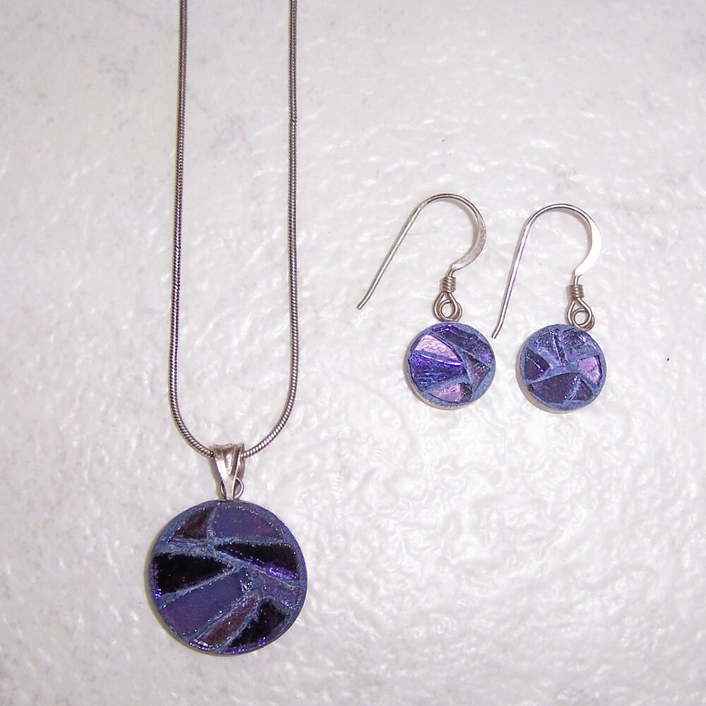 Handmade Purple Mosaic Glass Pendant and Earrings Jewelry Set